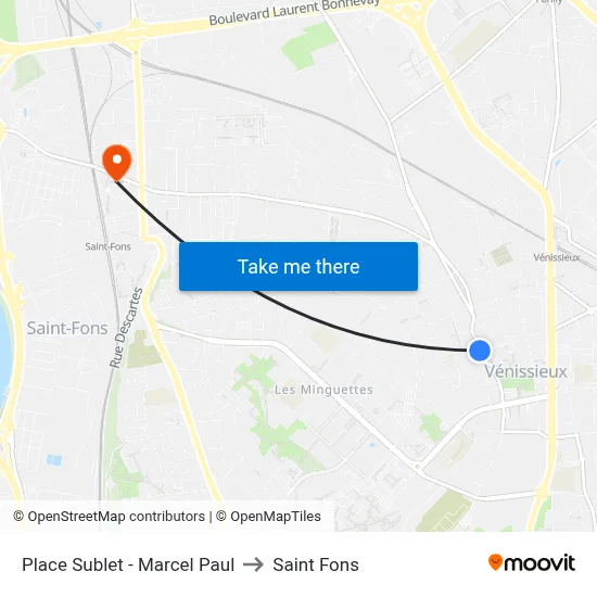 Place Sublet - Marcel Paul to Saint Fons map