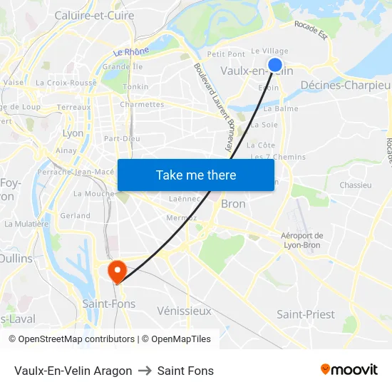 Vaulx-En-Velin Aragon to Saint Fons map