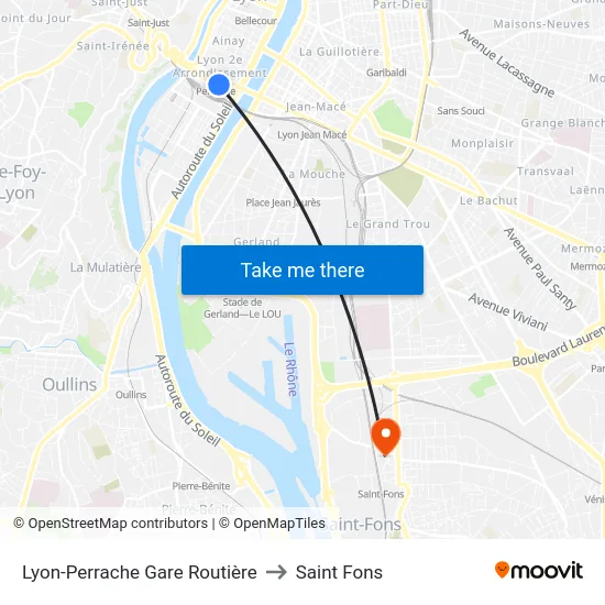 Lyon-Perrache Gare Routière to Saint Fons map