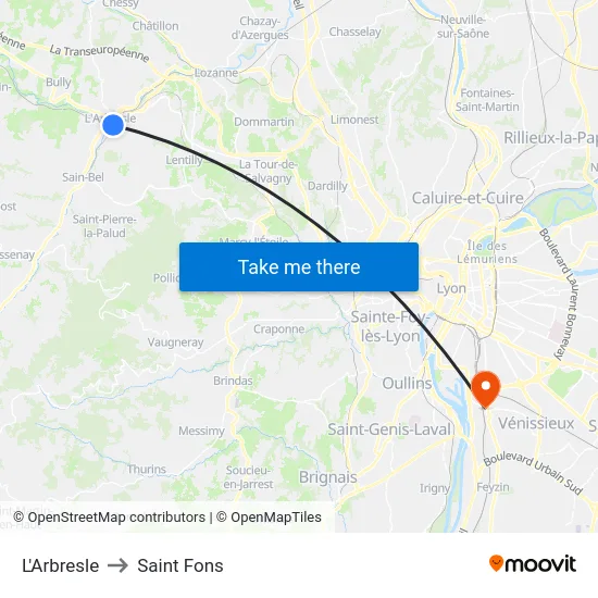 L'Arbresle to Saint Fons map