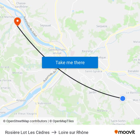 Rosière Lot Les Cèdres to Loire sur Rhône map