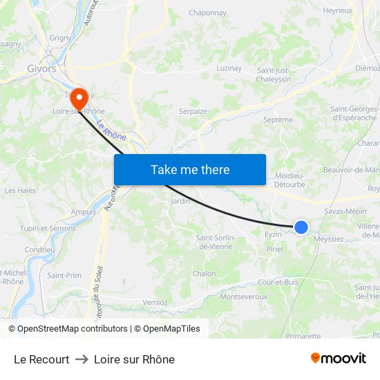 Le Recourt to Loire sur Rhône map
