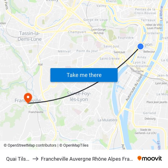 Quai Tilsitt to Francheville Auvergne Rhône Alpes France map