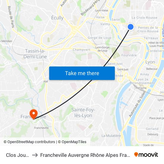 Clos Jouve to Francheville Auvergne Rhône Alpes France map