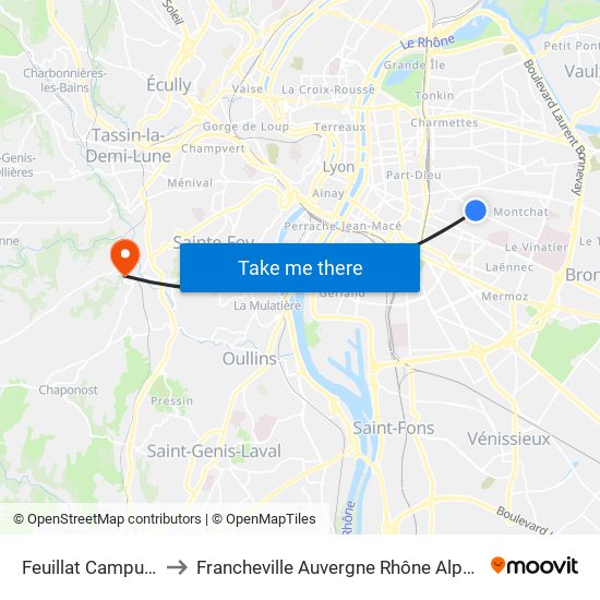 Feuillat Campus Pro to Francheville Auvergne Rhône Alpes France map