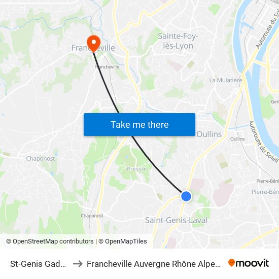 St-Genis Gadagne to Francheville Auvergne Rhône Alpes France map