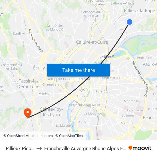 Rillieux Piscine to Francheville Auvergne Rhône Alpes France map