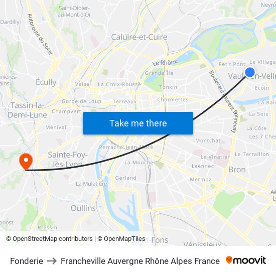 Fonderie to Francheville Auvergne Rhône Alpes France map