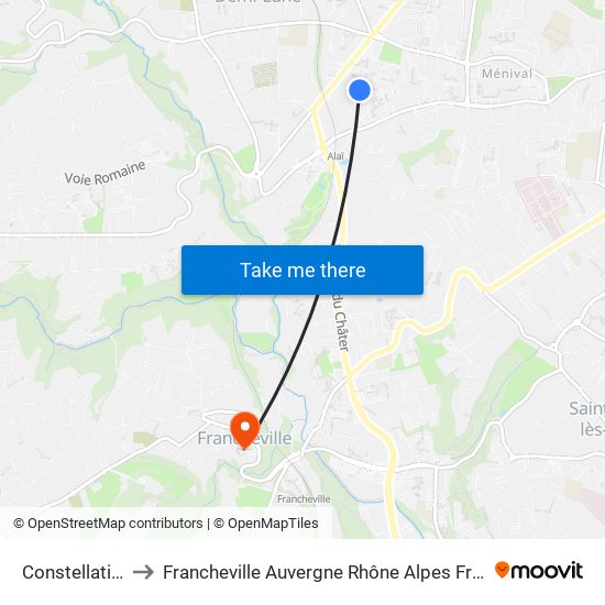 Constellation to Francheville Auvergne Rhône Alpes France map