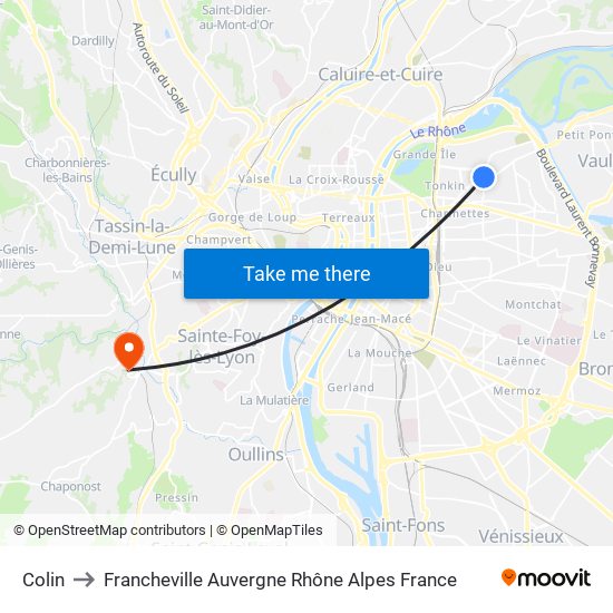 Colin to Francheville Auvergne Rhône Alpes France map