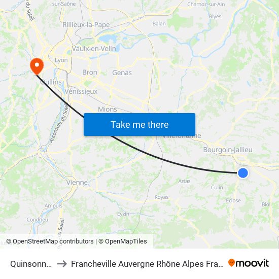 Quinsonnas to Francheville Auvergne Rhône Alpes France map