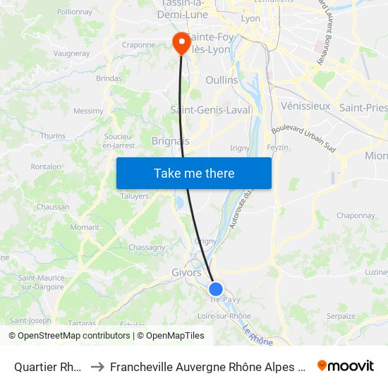 Quartier Rhône to Francheville Auvergne Rhône Alpes France map