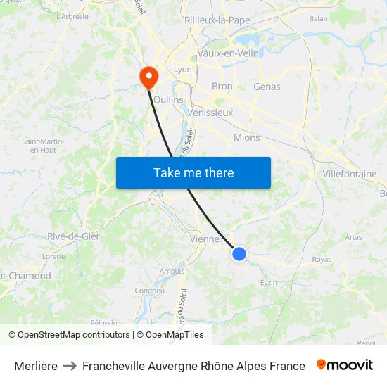 Merlière to Francheville Auvergne Rhône Alpes France map