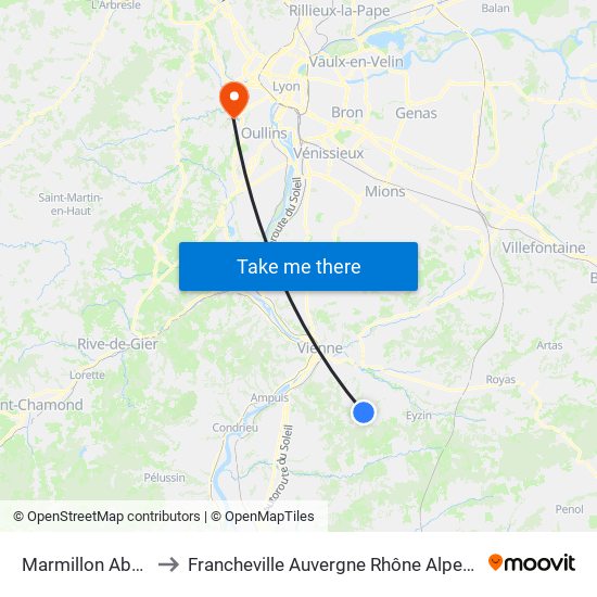 Marmillon Abribus to Francheville Auvergne Rhône Alpes France map