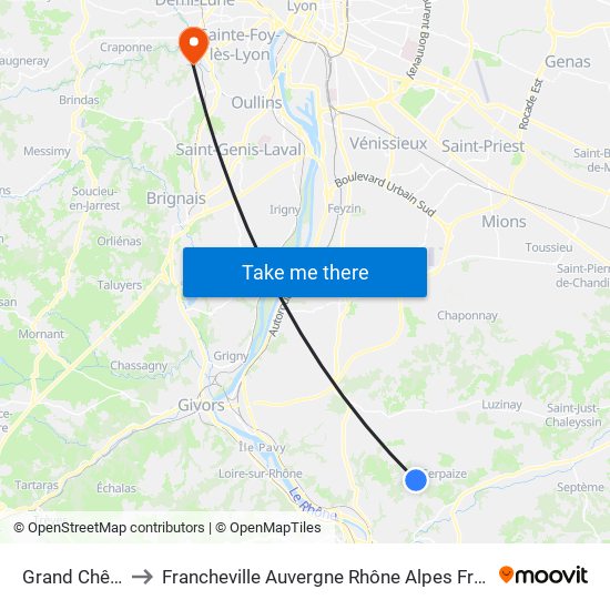 Grand Chêne to Francheville Auvergne Rhône Alpes France map