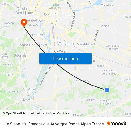 Le Sulon to Francheville Auvergne Rhône Alpes France map