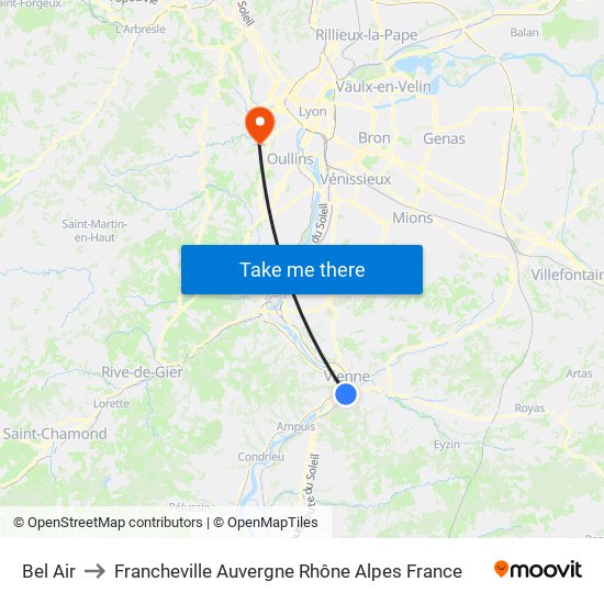 Bel Air to Francheville Auvergne Rhône Alpes France map