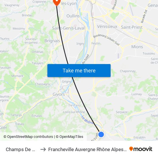 Champs De Mars to Francheville Auvergne Rhône Alpes France map