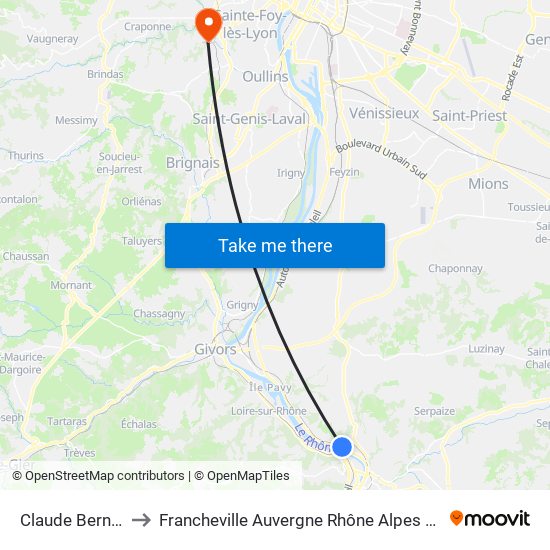 Claude Bernard to Francheville Auvergne Rhône Alpes France map