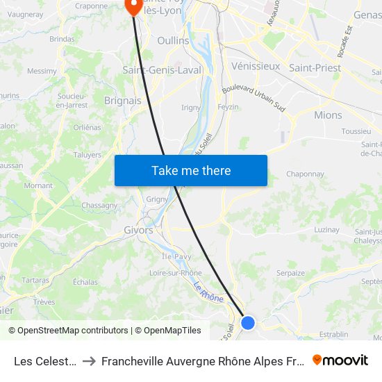 Les Celestes to Francheville Auvergne Rhône Alpes France map