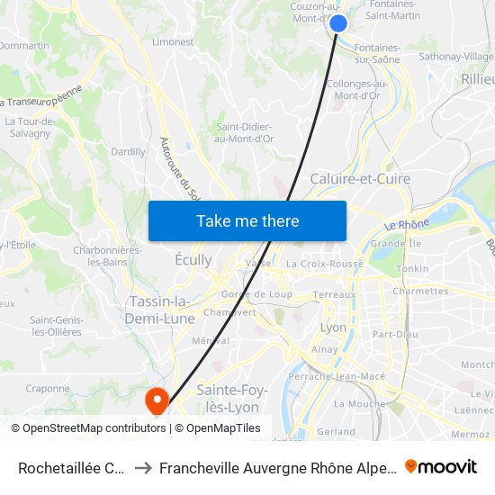 Rochetaillée Centre to Francheville Auvergne Rhône Alpes France map