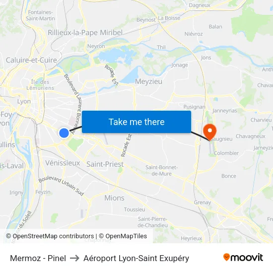 Mermoz - Pinel to Aéroport Lyon-Saint Exupéry map