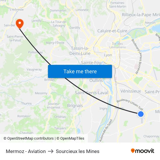 Mermoz - Aviation to Sourcieux les Mines map