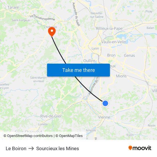 Le Boiron to Sourcieux les Mines map