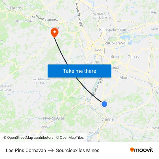 Les Pins Cornavan to Sourcieux les Mines map