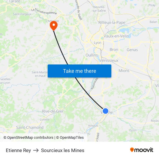 Etienne Rey to Sourcieux les Mines map