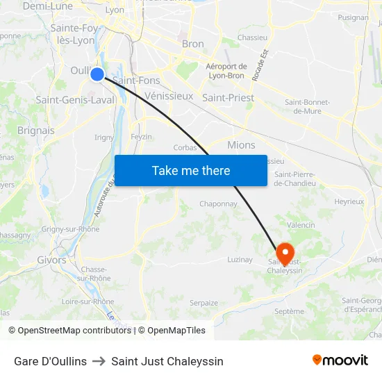 Gare D'Oullins to Saint Just Chaleyssin map