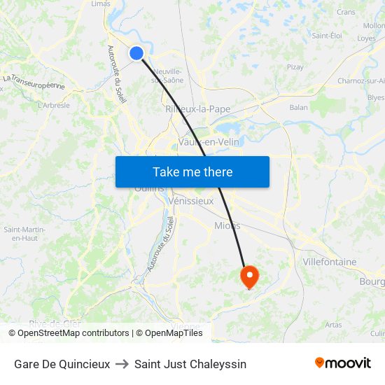 Gare De Quincieux to Saint Just Chaleyssin map