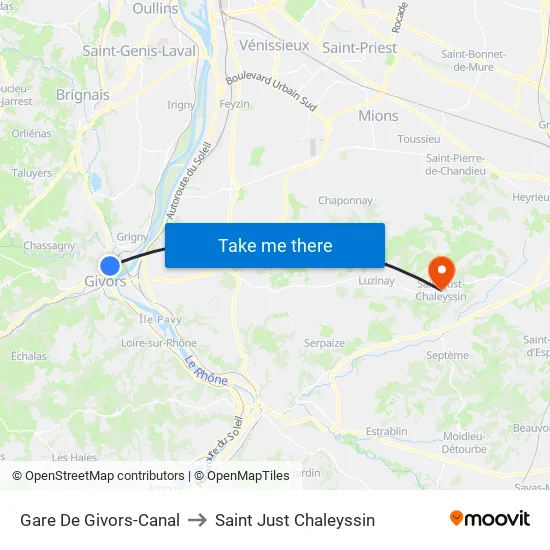 Gare De Givors-Canal to Saint Just Chaleyssin map