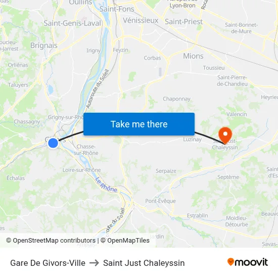 Gare De Givors-Ville to Saint Just Chaleyssin map