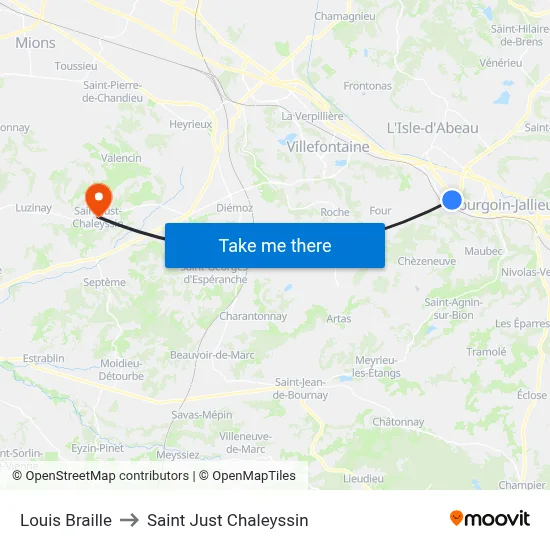 Louis Braille to Saint Just Chaleyssin map