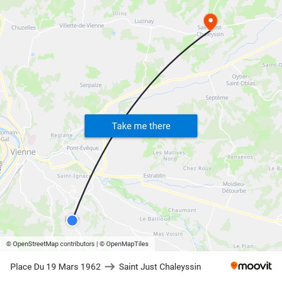 Place Du 19 Mars 1962 to Saint Just Chaleyssin map