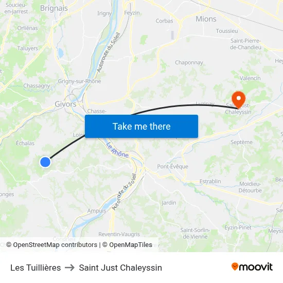Les Tuillières to Saint Just Chaleyssin map