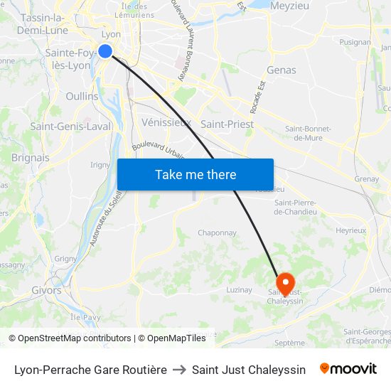Lyon-Perrache Gare Routière to Saint Just Chaleyssin map