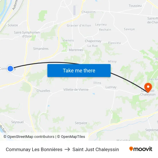 Communay Les Bonnières to Saint Just Chaleyssin map
