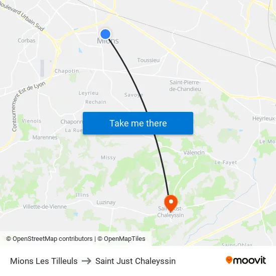 Mions Les Tilleuls to Saint Just Chaleyssin map