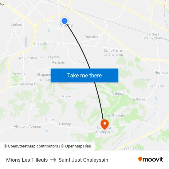 Mions Les Tilleuls to Saint Just Chaleyssin map