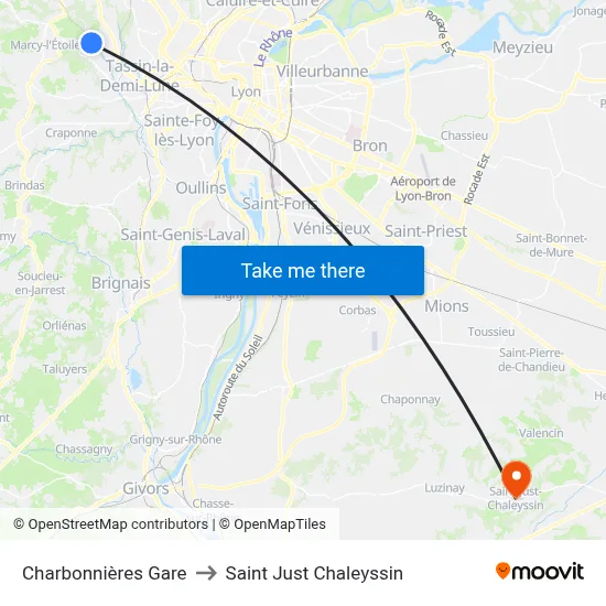 Charbonnières Gare to Saint Just Chaleyssin map