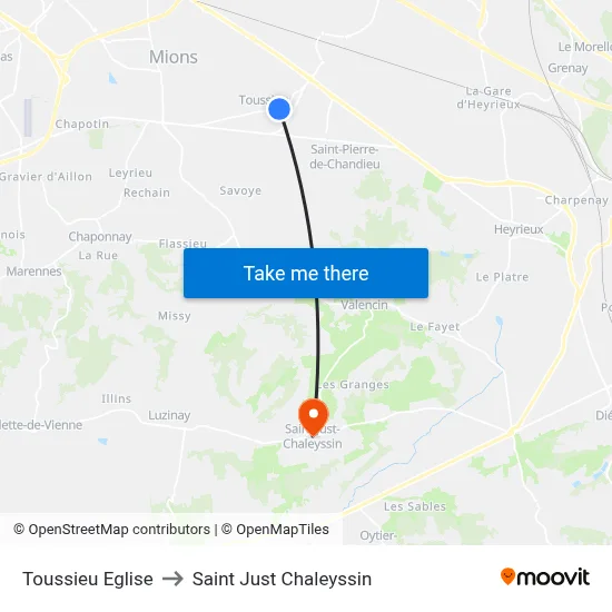 Toussieu Eglise to Saint Just Chaleyssin map