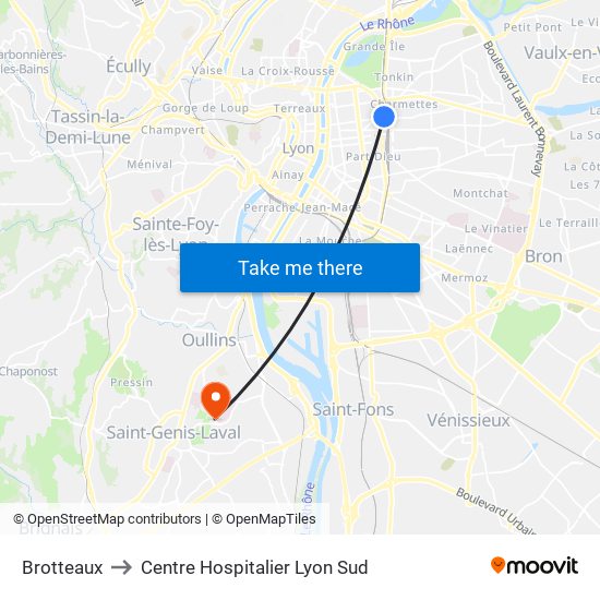 Brotteaux to Centre Hospitalier Lyon Sud map