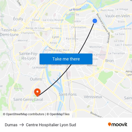 Dumas to Centre Hospitalier Lyon Sud map