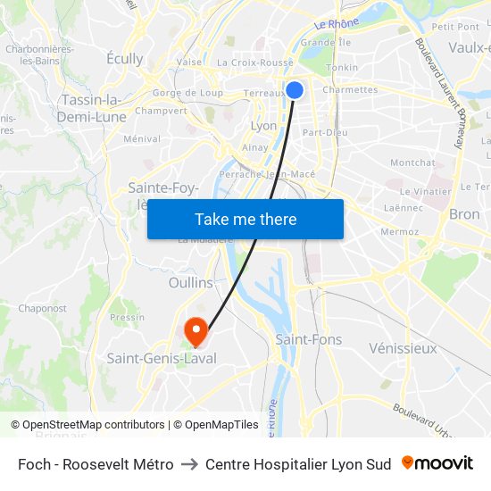 Foch - Roosevelt Métro to Centre Hospitalier Lyon Sud map