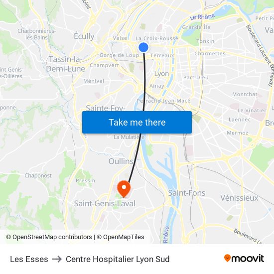 Les Esses to Centre Hospitalier Lyon Sud map