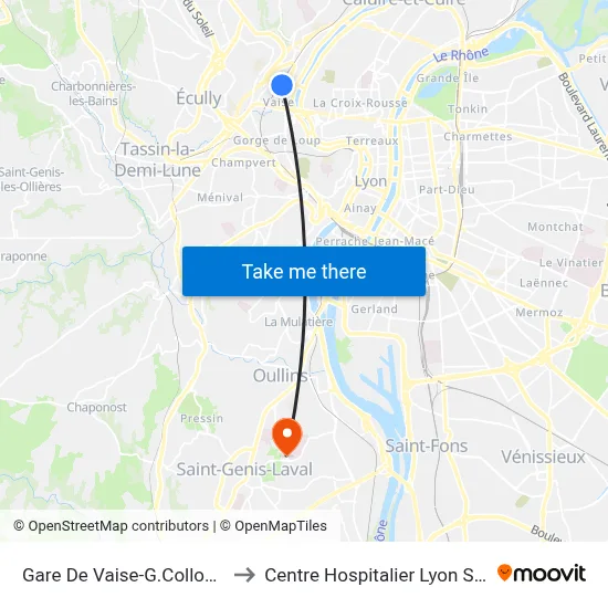 Gare De Vaise-G.Collomb to Centre Hospitalier Lyon Sud map