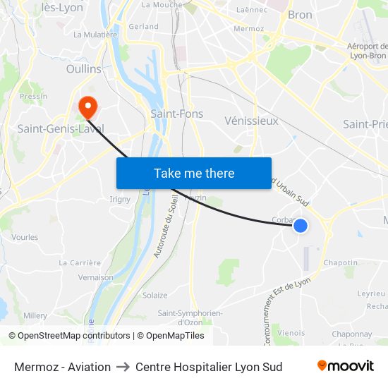 Mermoz - Aviation to Centre Hospitalier Lyon Sud map