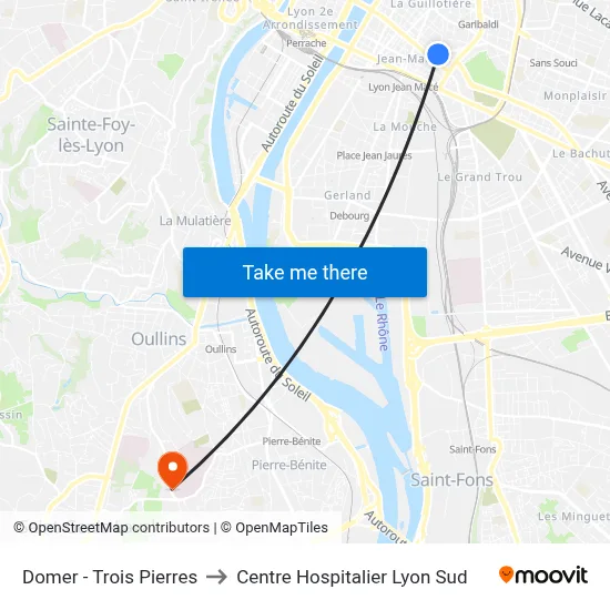 Domer - Trois Pierres to Centre Hospitalier Lyon Sud map